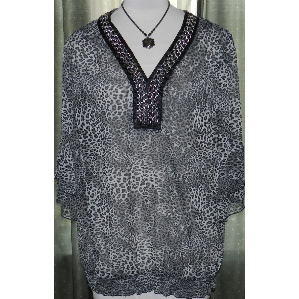 Evolution size 3X sheer animal print silver chain accent top plus size women's